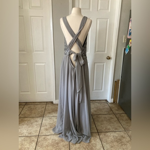 DAVID'S BRIDAL High Neck Sequined Lace and Chiffon Dress STYLE# F19452 - Picture 4 of 5